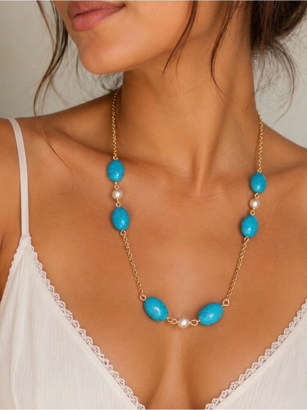 Gold-tone Chain Necklace with Turquoise Beads and White Pearls